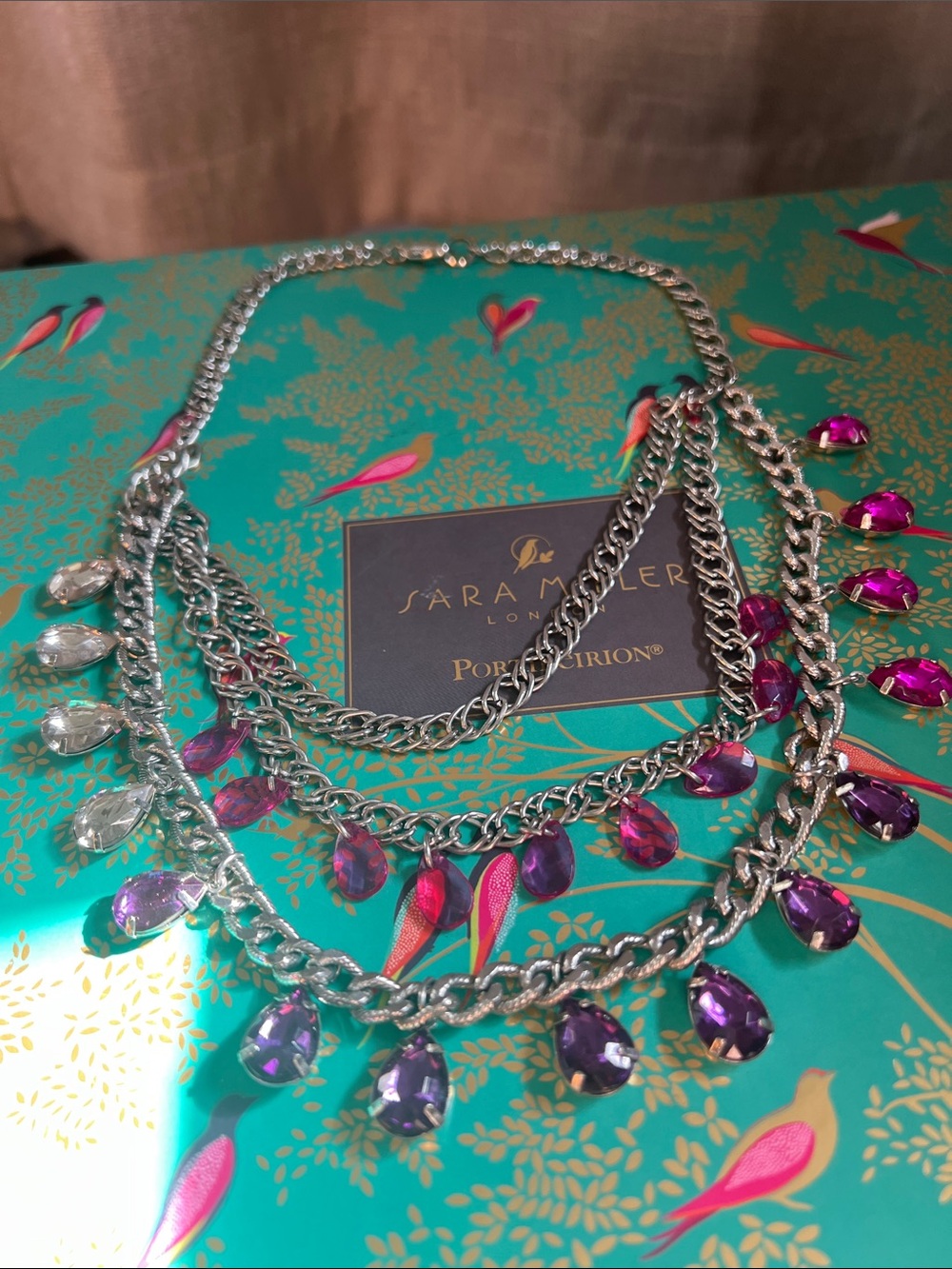 Multi-Chain Necklace with Purple and Clear Teardrop Stones. Costume jewelry 🪻🪁